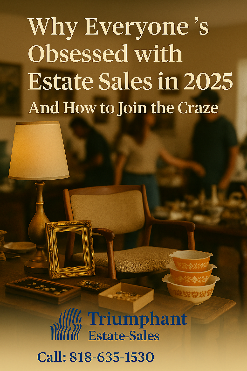 Promotional image for Triumphant Estate Sales featuring vintage decor and warm tones, with the title “Why Everyone’s Obsessed with Estate Sales in 2025 (And How to Join the Craze)” displayed across the image.