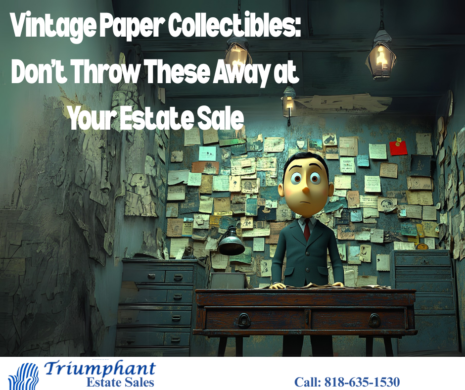 A 3D animated middle-aged man stands at a wooden desk, surrounded by vintage paper collectibles in an old-fashioned office.