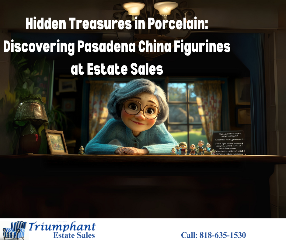 Middle-aged woman , with kind eyes warmly smiles at her table of Pasadena figurines, in a cozy, sunlit Estate Sales Pasadena