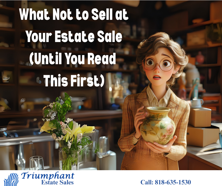 Wide-eyed woman holding a vintage vase at an estate sale, surprised by its potential value – Triumphant Estate Sales