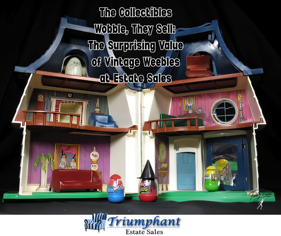 Vintage Weebles playset at an estate sale, showcasing collectible figures in a colorful retro dollhouse