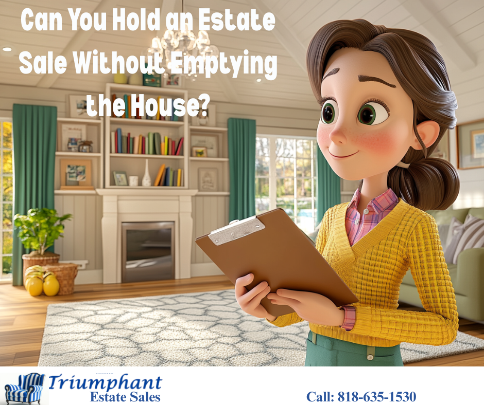 An estate sale organizer consults with a homeowner in a partially furnished living room with items tagged for sale.