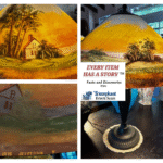 Close-up and full view of a signed 1878 Jefferson lamp with a hand-painted dome featuring a countryside cottage and trees, part of the 'Every Item Has a Story' series by Triumphant Estate Sales.