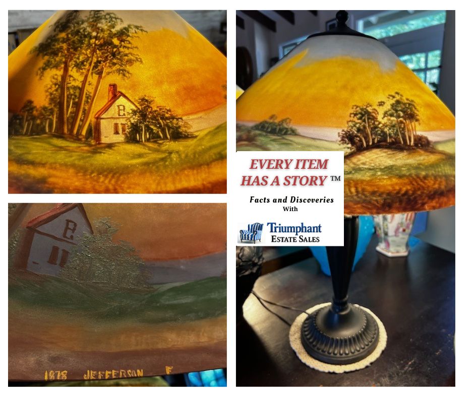 Close-up and full view of a signed 1878 Jefferson lamp with a hand-painted dome featuring a countryside cottage and trees, part of the 'Every Item Has a Story' series by Triumphant Estate Sales.
