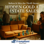 Estate sale living room with mid-century furniture and vintage collectibles in Los Angeles